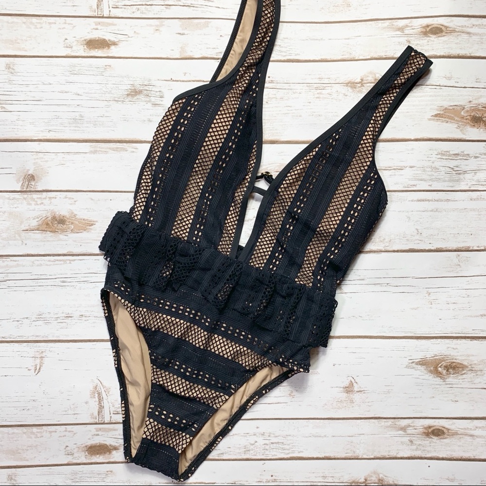 Ella Moss Black Lace V neck One Piece Swimsuit